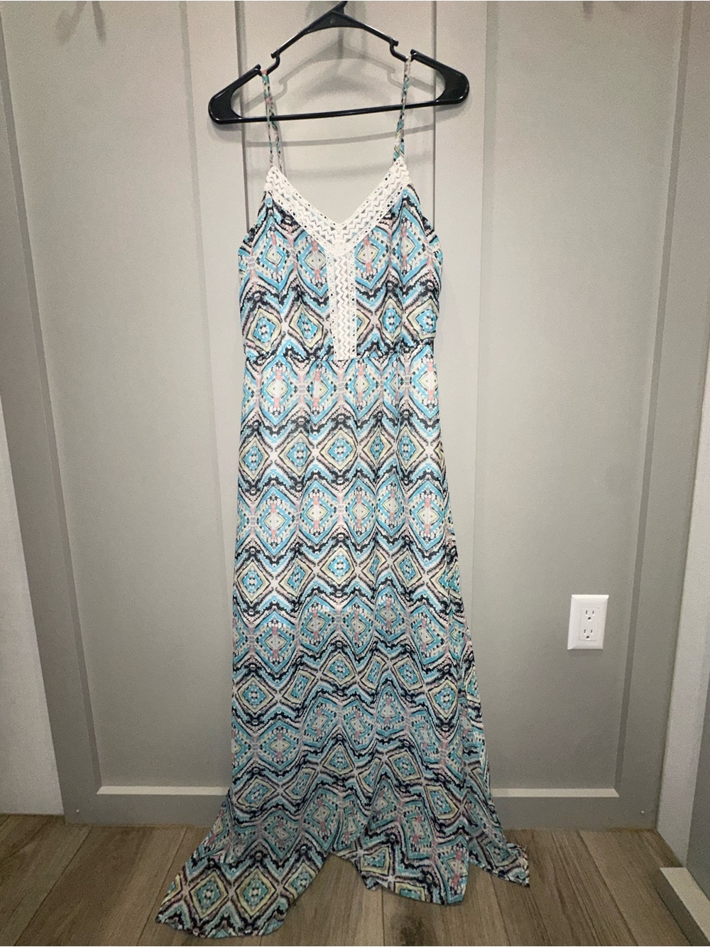 Maurices Teal, Blue and White Geometric Maxi Dress